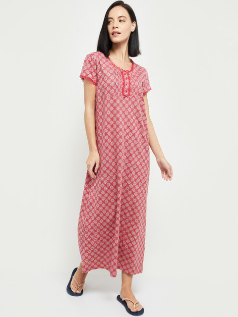

max Women Pink & White Printed Maxi Nightdress