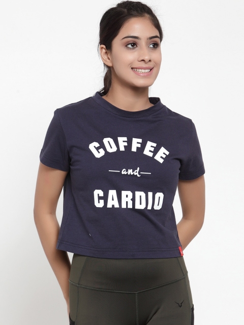 

Invincible Women Navy Blue Printed Round Neck Crop Pure Cotton T-shirt