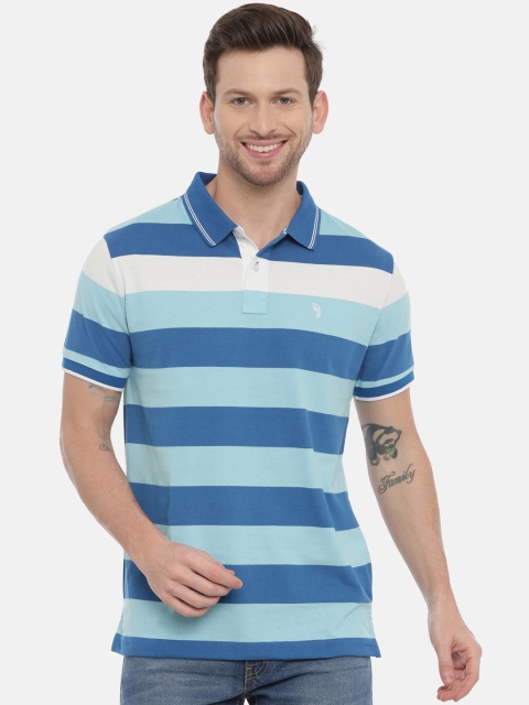 

Classic Polo Men Blue & White Striped Polo Collar T-shirt