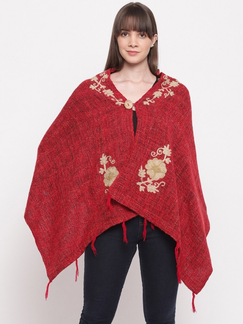 

HK colours of fashion Women Red Embroidered Asymmetric Poncho