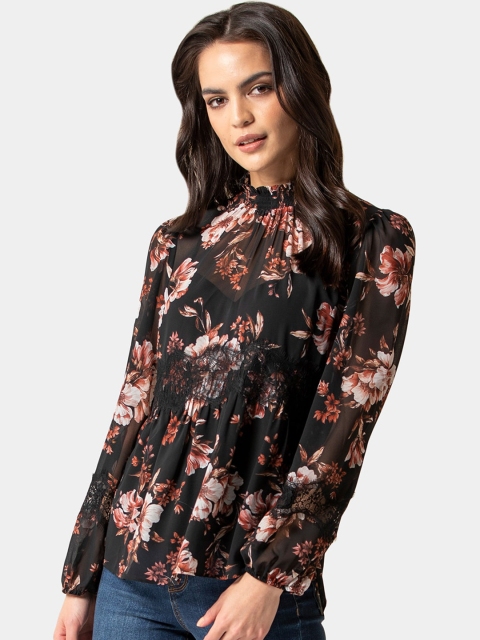 

Forever New Women Black & Pink Floral Print Top