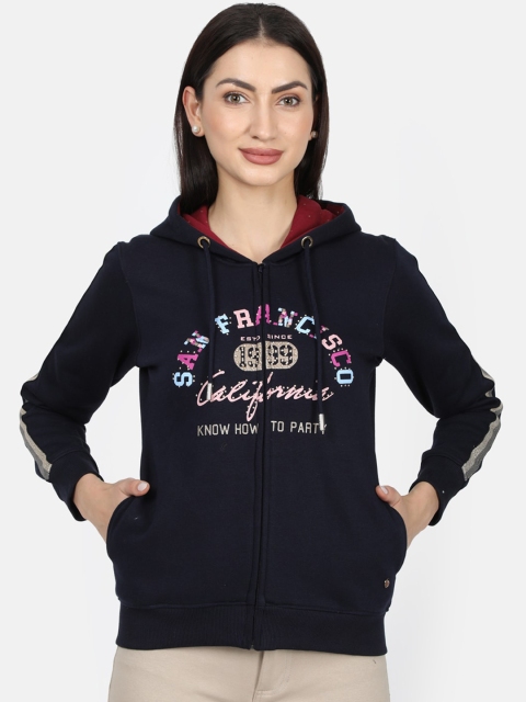 Monte Carlo Women Navy Blue Printed Hooded Sweatshirt