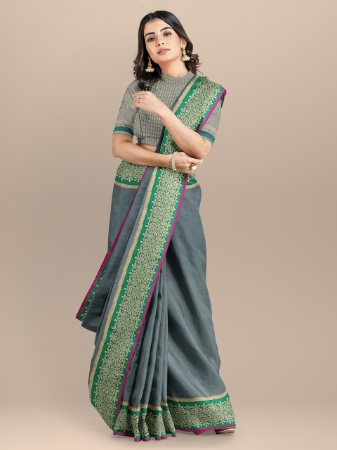 

BharatSthali Grey & Green Silk Cotton Solid Banarasi Sustainable Saree