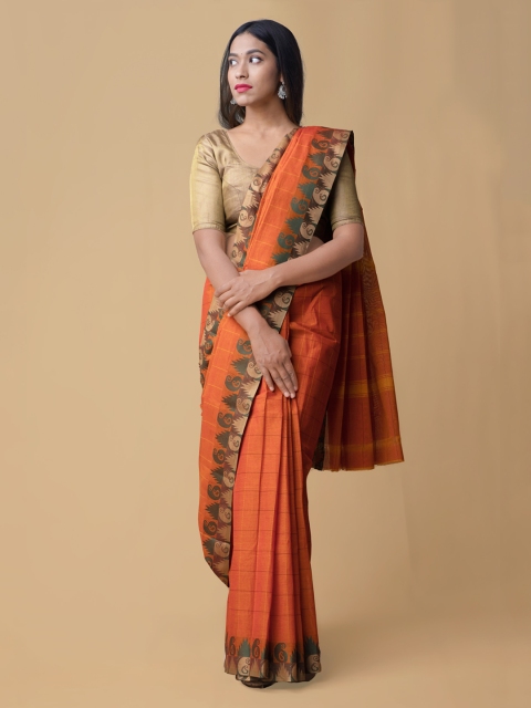 

Unnati Silks Orange Checked Handcrafted Pure Chittinad Cotton Saree