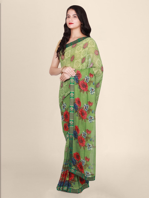 

CLAI WORLD Green Printed Pure Chiffon Handloom Saree