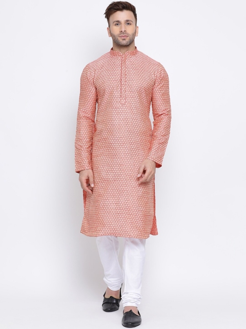 

NAMASKAR Men Orange & White Woven Design Kurta with Churidar