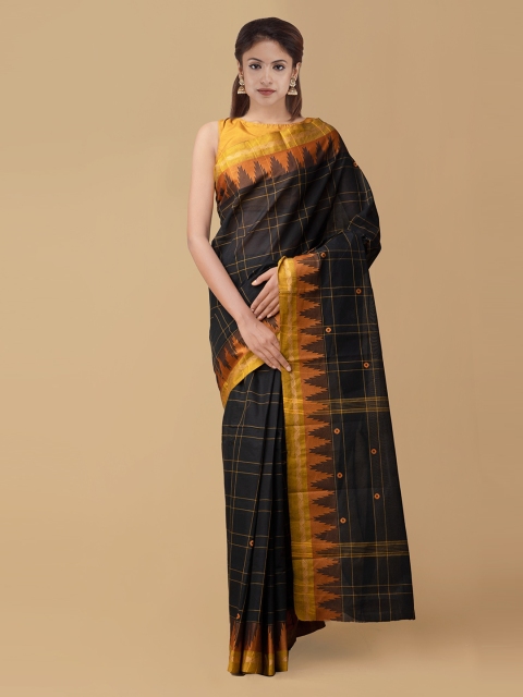 

Unnati Silks Black & Gold-Toned Checked Pure Chittinad Cotton Saree