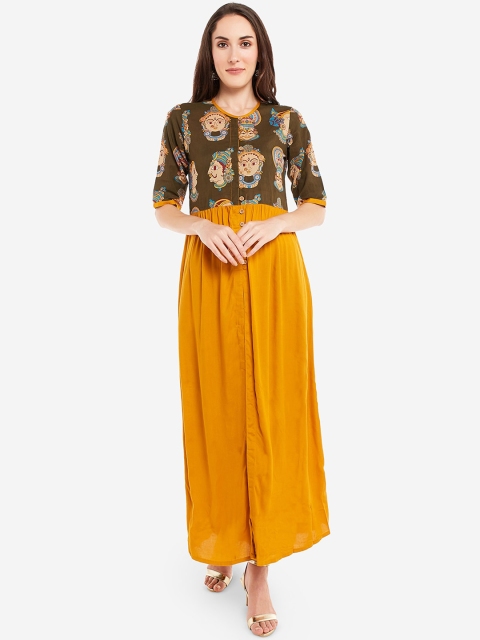 

Desi Weavess Women Olive Brown & Mustard Yellow Printed A-Line Kurta