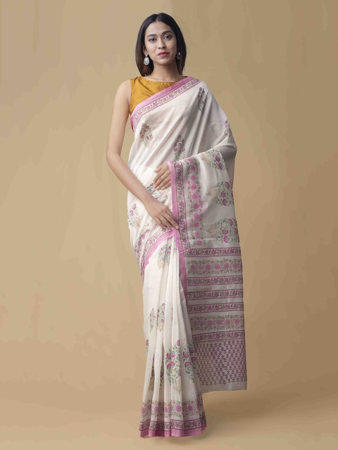 

Unnati Silks White & Pink Silk Cotton Printed Chanderi Handloom Saree