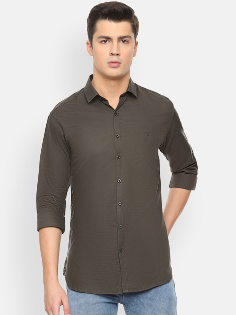 V Dot Men Olive Green Slim Fit Solid Casual Shirt