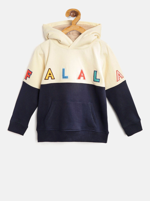 

Cherry Crumble Boys Cream-Coloured & Navy Blue Colourblocked Hooded Sweatshirt