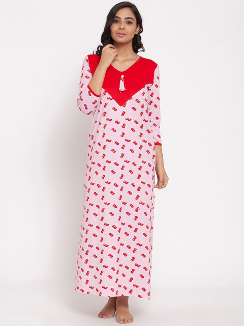 

Claura Women Pink & Red Printed Maxi Nightdress