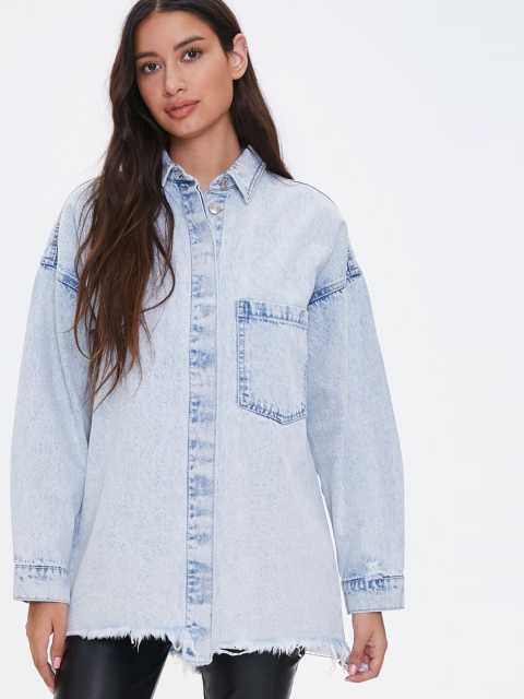 

FOREVER 21 Women Blue Solid Frayed Longline Denim Jacket