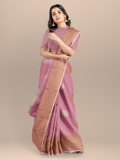 

BharatSthali Pink Woven Design Silk Cotton Banarasi Saree