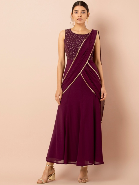 

INDYA Women Purple Embroidered Fish Cut Kalidar Tunic With Attached Dupatta