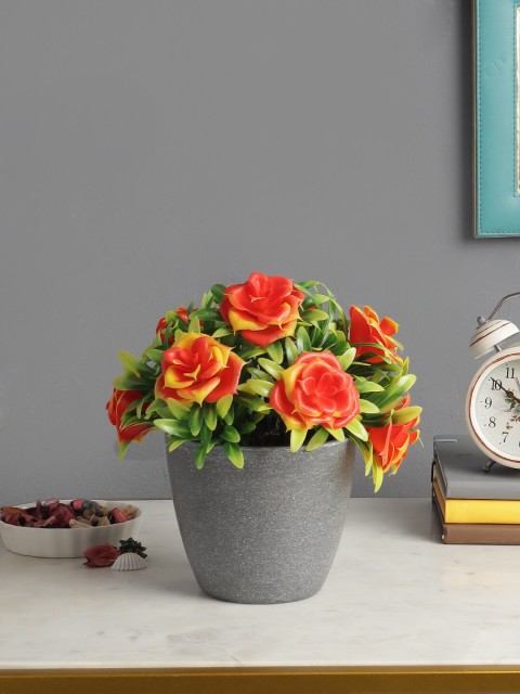 

FOLIYAJ Orange & Green Artificial Rose Plant with Melamine Pot
