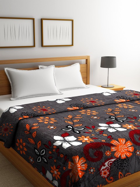 

NEUDIS Grey & Orange Floral Printed AC Room 233 GSM Super Soft Double Bed Flannel Fur Blanket