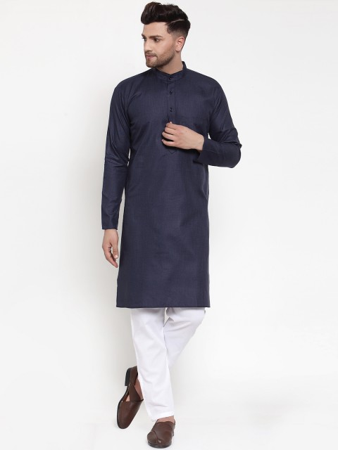 

Jompers Men Navy Blue & White Solid Kurta with Pyjamas