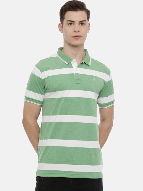 

Classic Polo Men Green & White Striped Polo Collar T-shirt