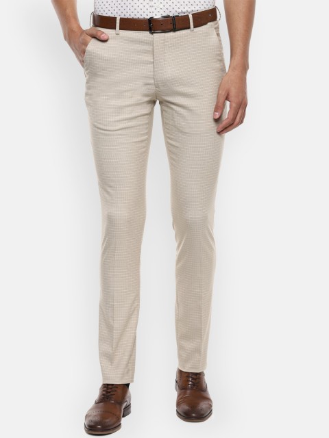

Louis Philippe Men Cream-Coloured Slim Fit Checked Formal Trousers
