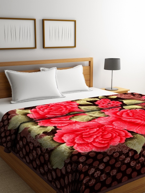 

NEUDIS Brown & Red Floral Print Mild Winter 500 GSM Double Bed Blanket