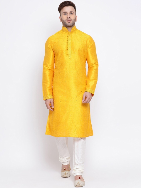 

NAMASKAR Men Yellow & White Embroidered Kurta with Churidar
