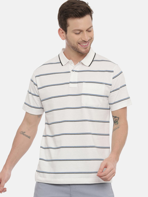 

Classic Polo Men White Striped Polo Collar T-shirt