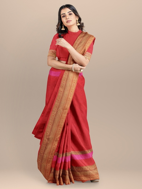 

BharatSthali Red & Gold-Toned Silk Cotton Solid Woven Design Maheshwari Saree