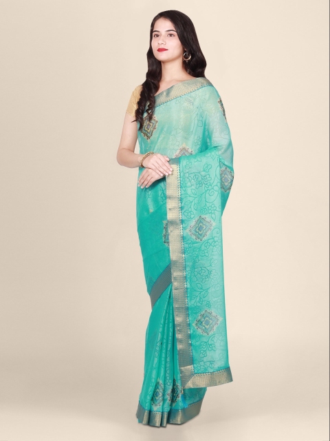 

CLAI WORLD Sea Green & Silver-Toned Brasso Printed Saree