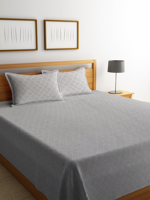 

KLOTTHE Grey Woven Design Sustainable Double Bed Cover with 2 Pillow Covers