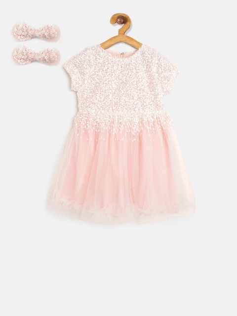 

Cherry Crumble Girls Pink Embellished Fit and Flare Dress With Set Of 2 Bow Clips