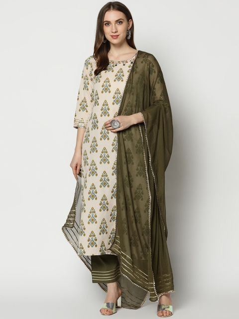 

Azira Women Cream-Coloured & Olive Green Printed Kurta with Palazzos & Dupatta
