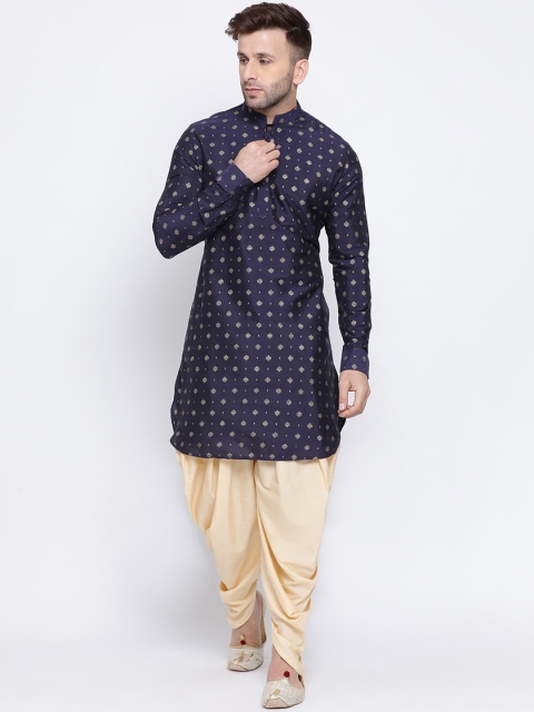 

NAMASKAR Men Navy Blue & Gold-Coloured Printed Kurta with Churidar
