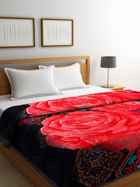 

NEUDIS Grey & Red Floral Printed Mild Winter 500 GSM Double Bed Blanket, Blue