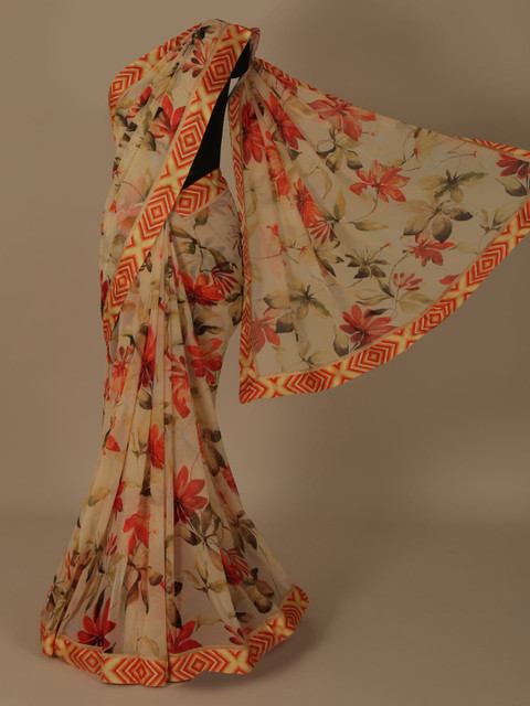 

Pothys Cream-Coloured & Red Poly Georgette Printed Saree