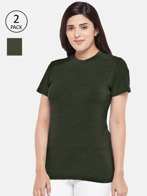 

Kosha Women Olive Merino Wool & Bamboo Half Sleeves Thermal Top Pack of 2