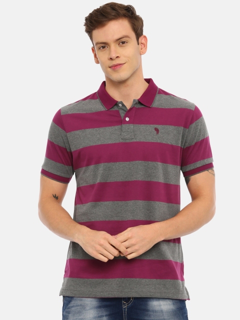 

Classic Polo Men Grey & Magenta Striped Polo Collar T-shirt