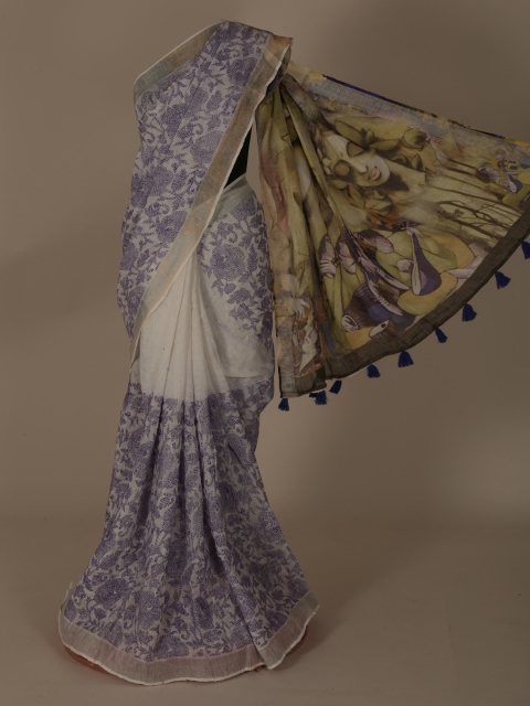 

Pothys Off-White & Blue Pure Linen Printed Saree