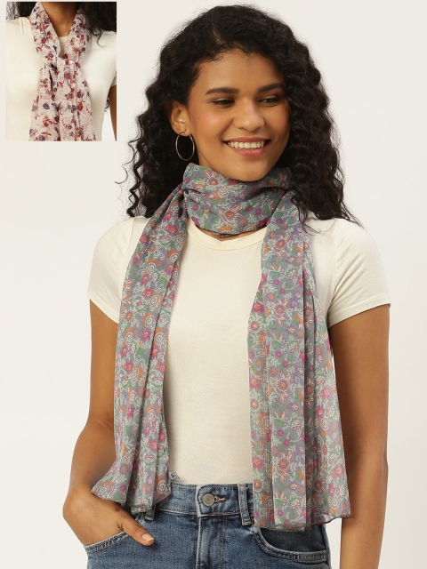 

Trend Arrest Women Set of 2 Grey & White Floral Print Scarves