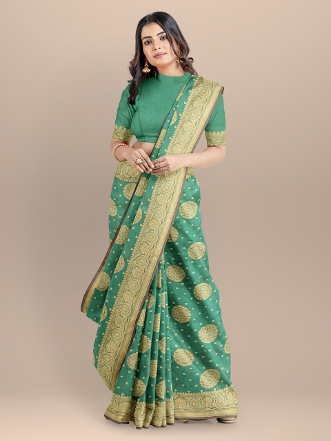 

BharatSthali Green & Gold-Toned Silk Cotton Woven Design Banarasi Saree