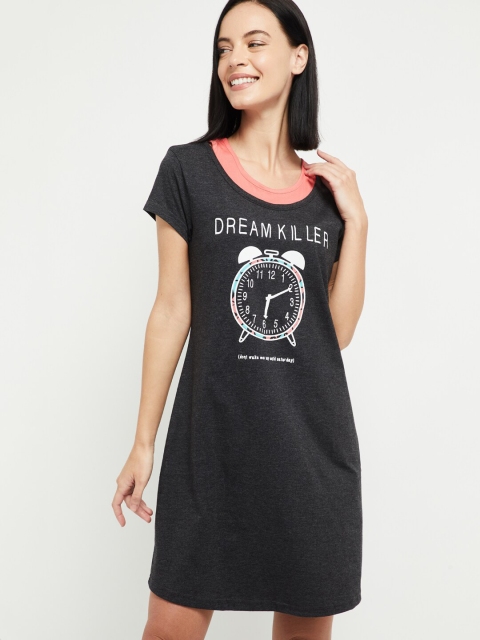 

max Women Charcoal Grey & White Clock Print Sleep Shirt