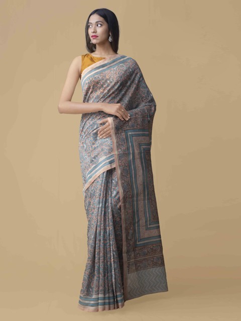 

Unnati Silks Blue & Pink Silk Cotton Printed Chanderi Saree