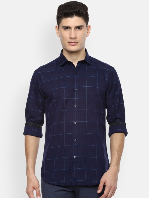 

V Dot Men Navy Blue Slim Fit Checked Casual Shirt
