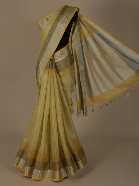 

Pothys Cream-Coloured & Yellow Pure Linen Solid Saree