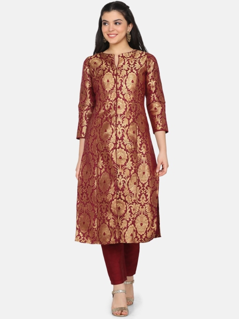 

Ojjasvi Women Burgundy & Gold-Coloured Printed A-Line Kurta