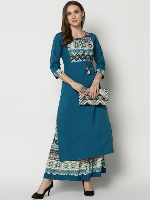 

Azira Women Turquoise Blue & Beige Yoke Design Kurta with Sharara
