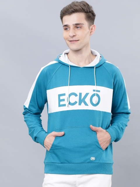 

Ecko Unltd Men Teal & White Printed Hooded Sweatshirt