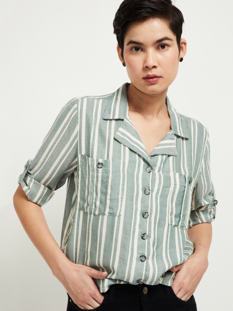 

max Women Green & White Regular Fit Striped Casual Shirt