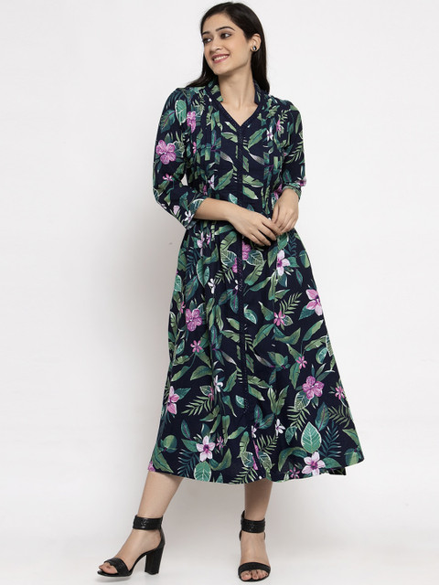 

Ayaany Women Blue & Green Floral Printed A-Line Dress