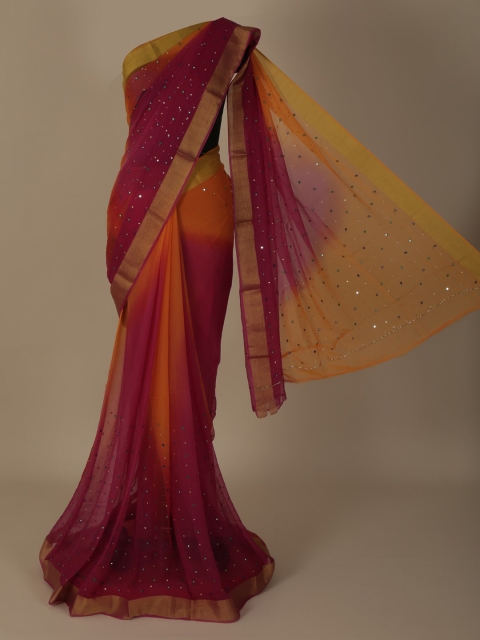 

Pothys Magenta & Yellow Pure Georgette Dyed Saree